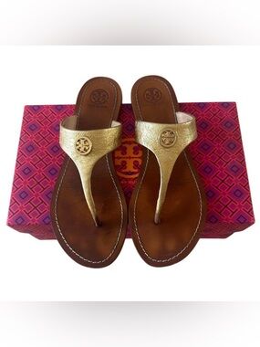 Tory Burch Cameron Gold Leather Sandals 9.5